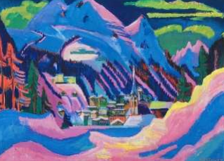 Bunte, expressionistische Winterlandschaft mit verschneitem Dorf und Bergen.